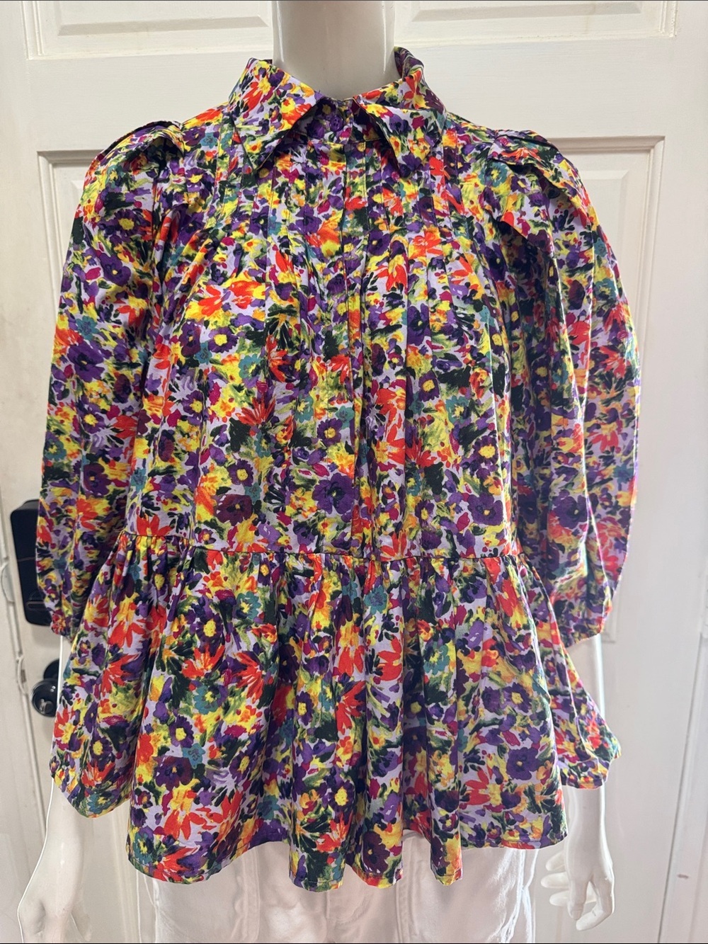 Meet me in Santorini 100% Cotton Boho Floral Peplum Blouse Multicolor SzLarge A1